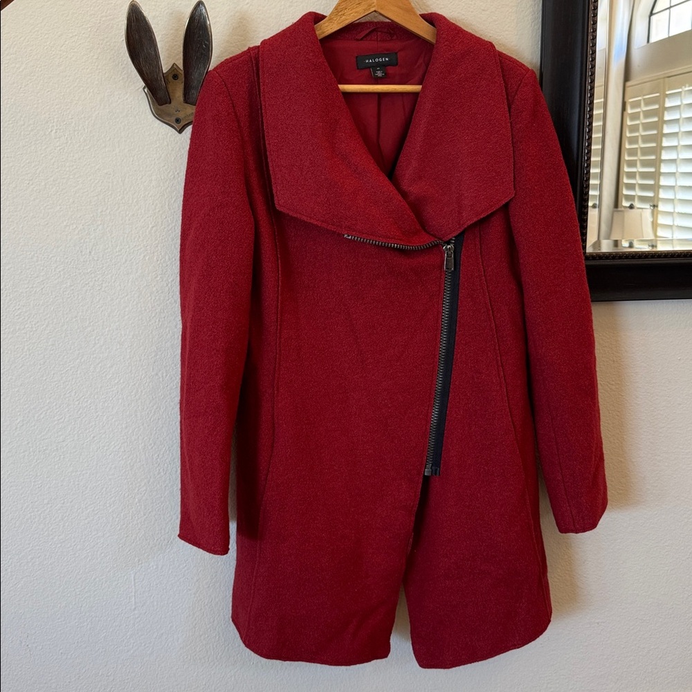 Halogen Deep Red Wool Zip Up Coat